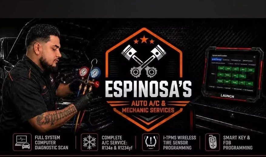 Espinosa's automotive A/C mechanic with diagnostic scan equipment